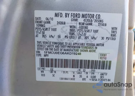 2010 Ford Escape Limited from USA, damaged, VIN 1FMCU0EG6AKD19248